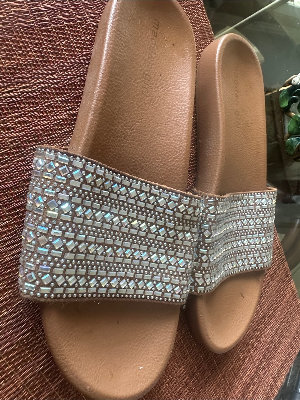 Madden Girl Taupe Slide Sandals with Iridescent Crystal Strap